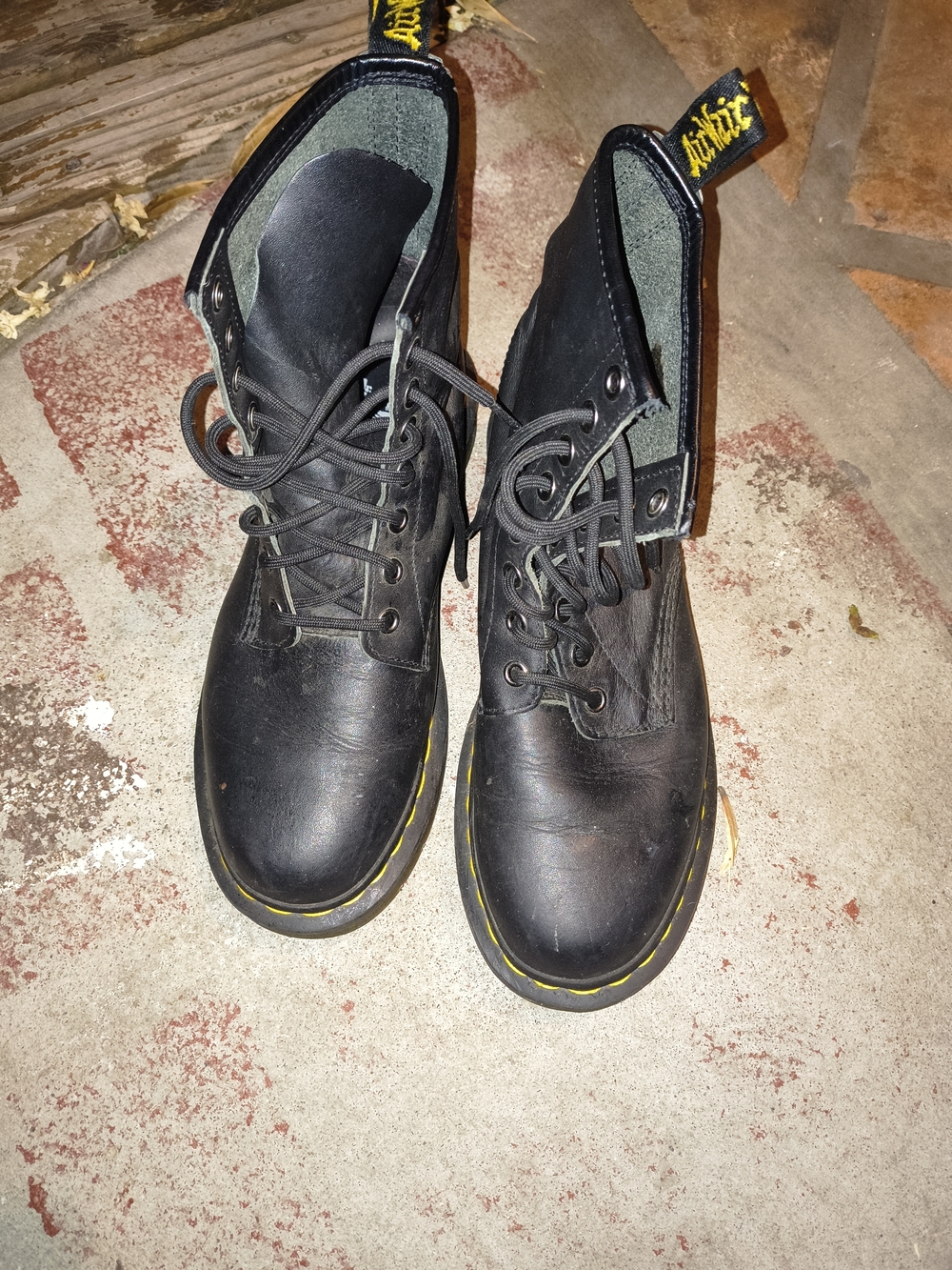 Dr. Martens Black Leather Lace-Up Boots with Yellow Stitching